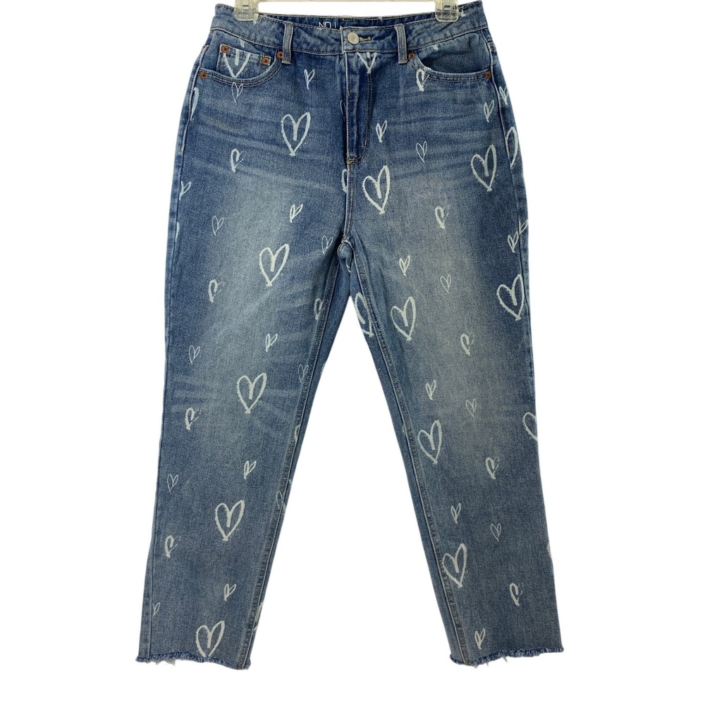 No Boundaries Jeans Juniors 9 Blue Denim White Heart Print Mid Rise Raw Hem